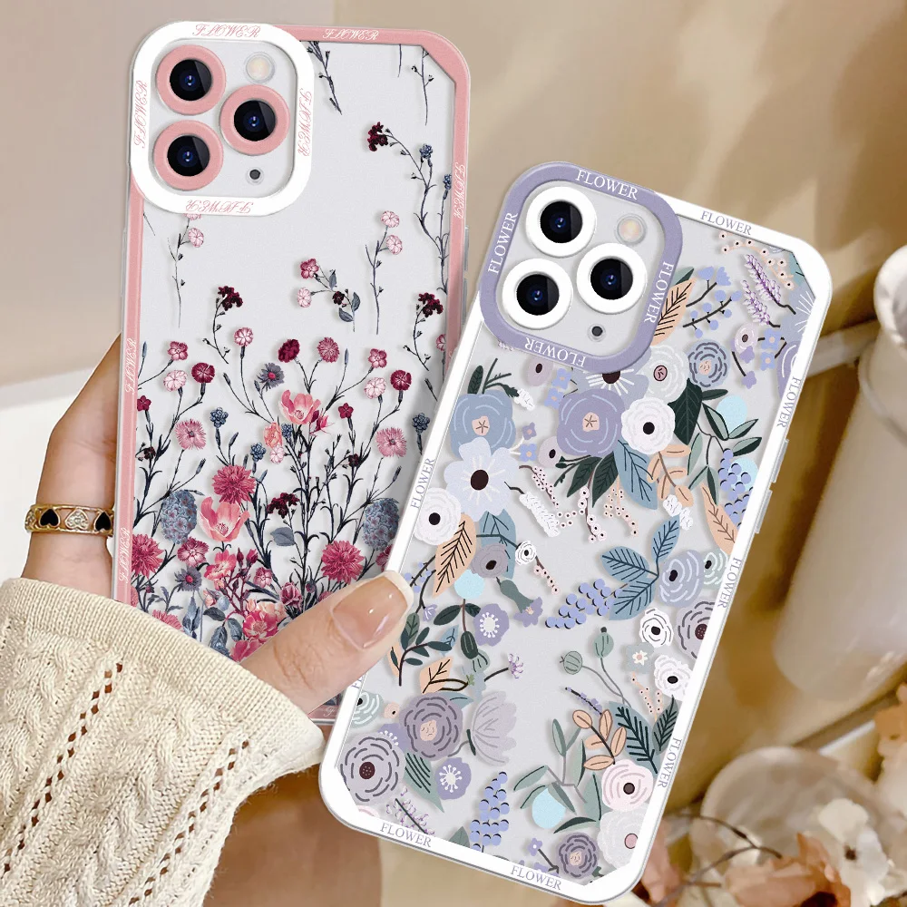 Flower Clear Case For iPhone 11 Pro Max 14 12 13 Pro 7 8 Plus X XR XS Max SE 2020 2022 Shockproof Lens Protection Soft TPU Cover