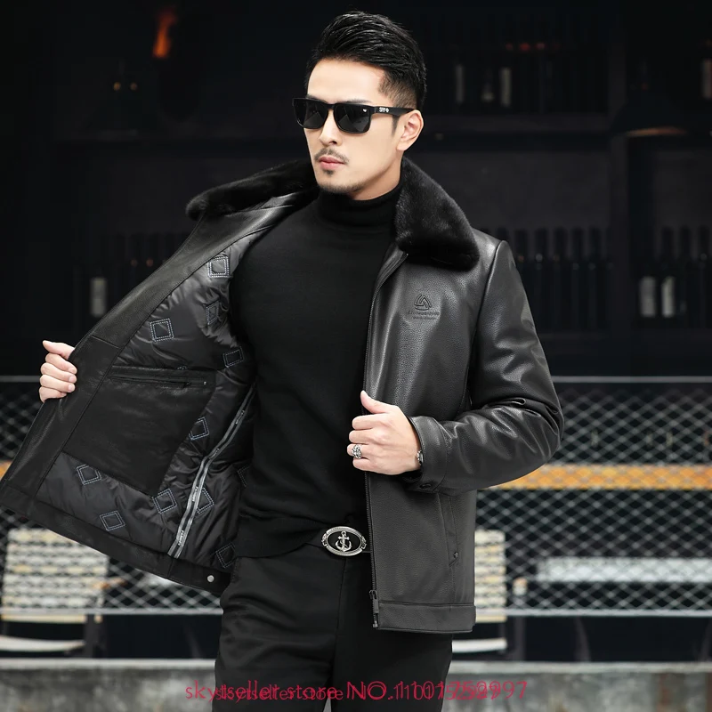 Fur coat Genuine Leather Jacket  Men sheepskin coat  Leather Coat  Mens cony hair  liner shearling Jacket