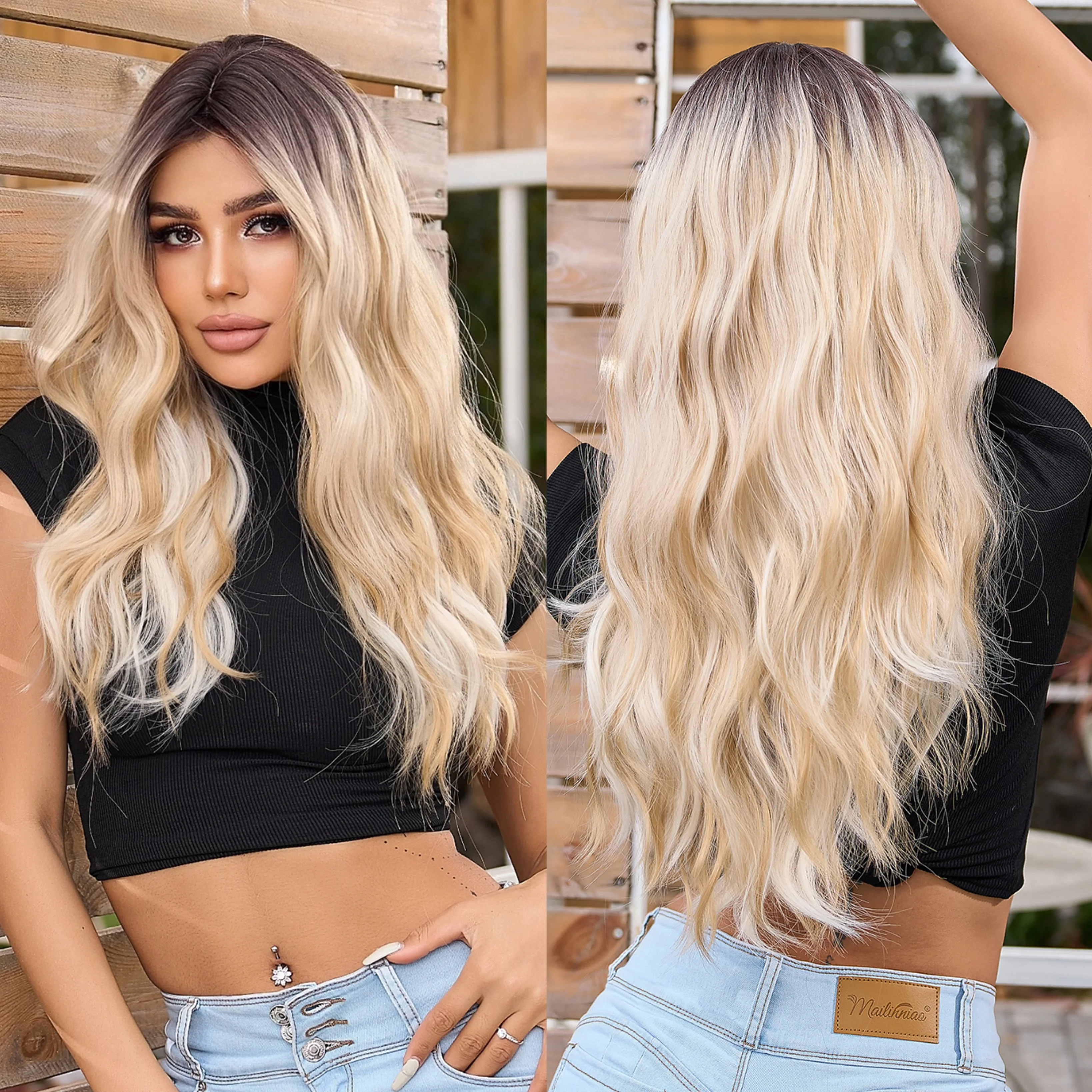 oneNonly Blonde Wig with Bangs Long Wave Good Quality Synthetic Wigs for Women Halloween Party Natural Heat Resistant Hair