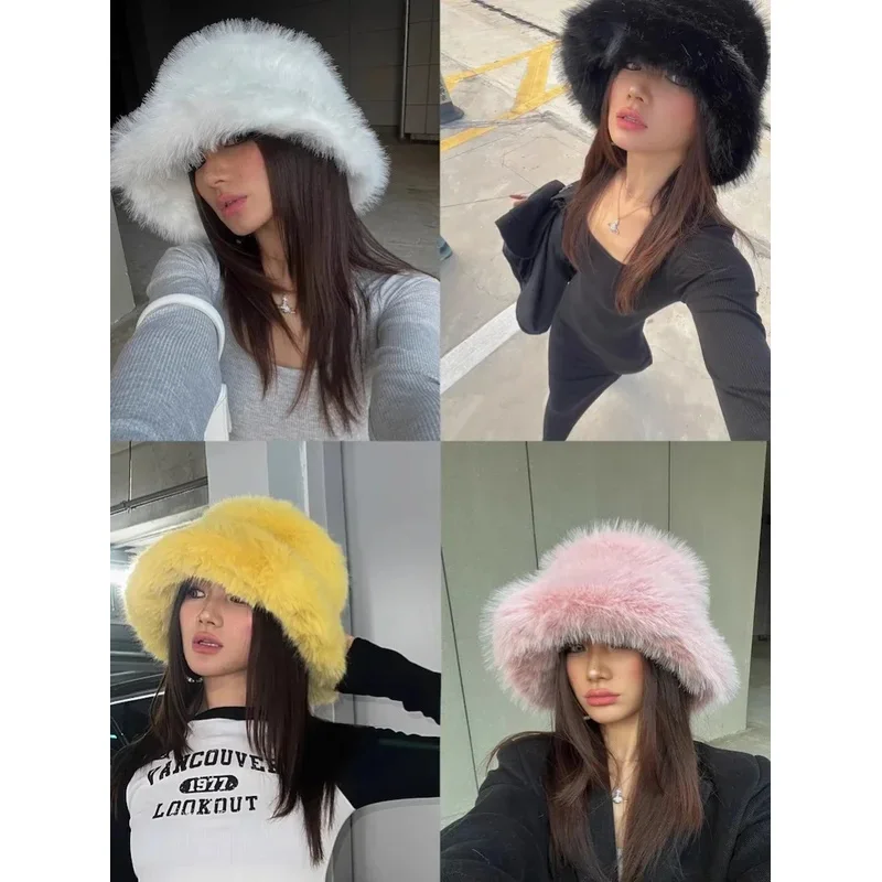 

Colorful Imitation Mink Fur Bucket Hats Women Winter Fluffy Plush Basin Caps Female Advanced Warm Sun Korea New