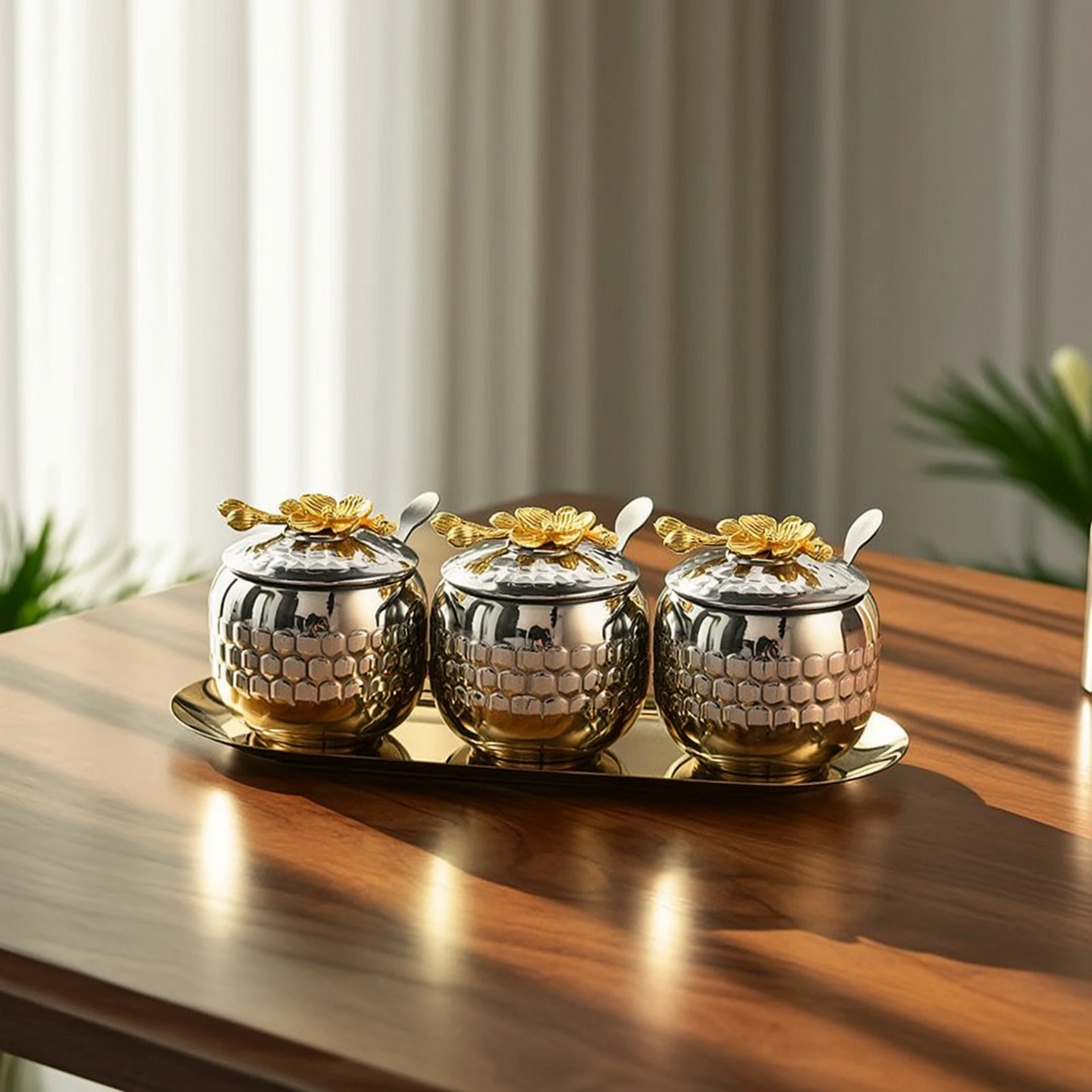 3 Pieces Condiment Jars with Tray Gold-Tone Seasoning Containers with Tray Seasoning Jars with Spoons Long-Lasting for Hosts