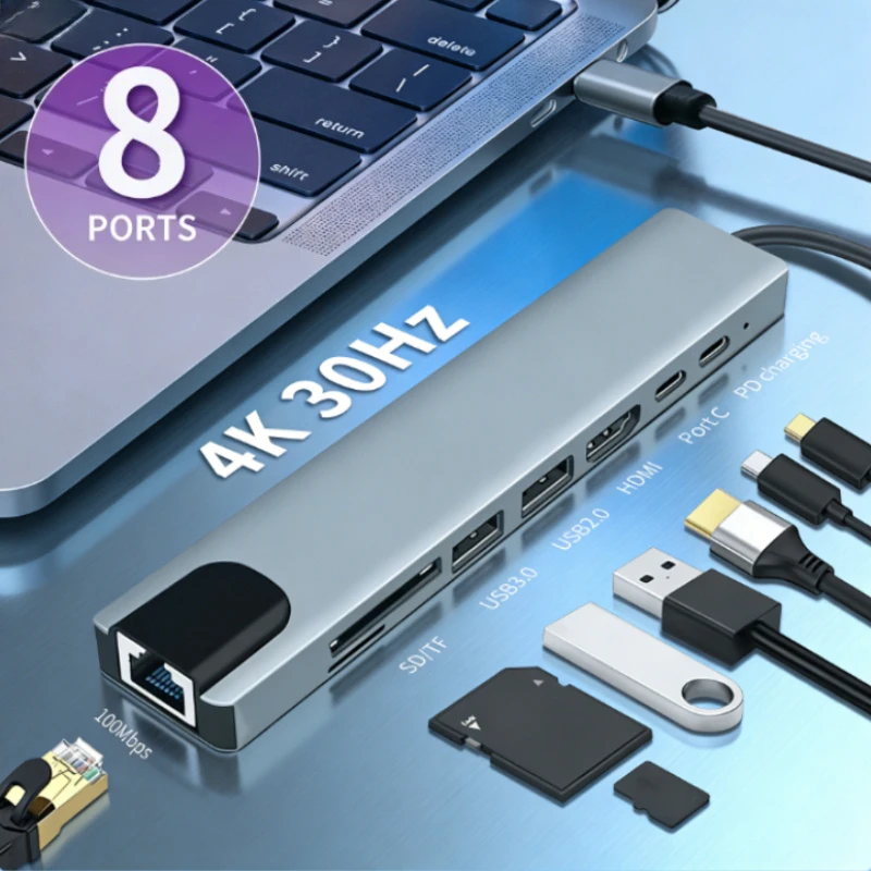 

8 In 1 USB C Hub Type-C 3.0 To 4K HDMI Adapter With RJ45 TF/SD Card Reader PD Fast Charge For Laptop MacBook Notebook Computer