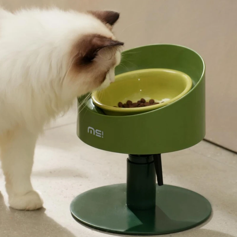 Adjustable Cat Bowls Anti-Leak Slanted Ceramic Feeders with Wooden Stand Ergonomic Protect Cervical Spine Pet Dining Bowls