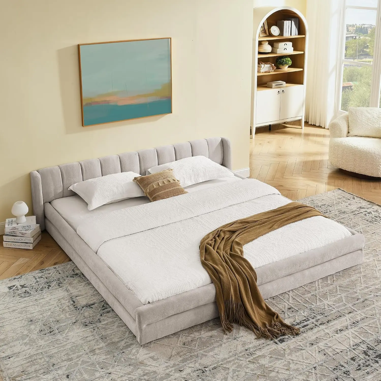 King Size Bed Frame with Cloud Soft Headboard, Chenille Upholstered Bedframe Grounded Wood Base Bed Frame, No Box, Custom view 5