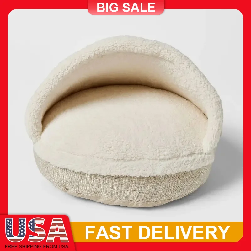 

Hooded Cuddler Enclosed Pet Bed Cat Dog Soft Fabric Faux Shearling Nonskid Bottom Small Breeds Indoor Warm Cozy Cave Design