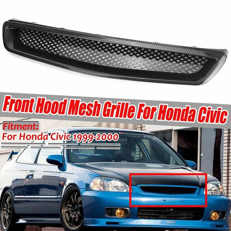 EK T-R Style Front Bumper Hood Mesh Grill Grille For Honda Civic EK CX DX EX HX LX Type R 1999-2000 Carbon Fiber Look