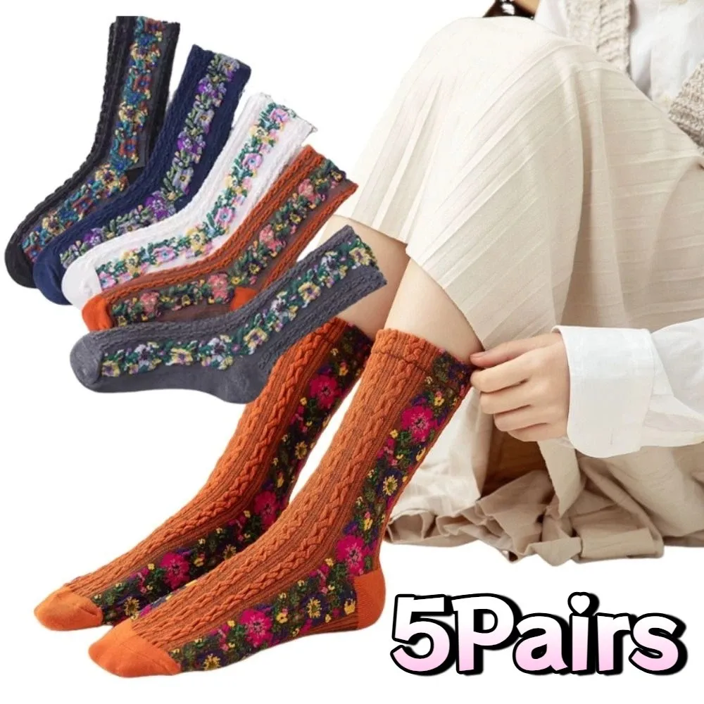 

5Pairs Vintage Floral Embroidery Socks Harajuku Streetwear Medium Tube Socks Comfortable Soft Ethnic Style Socks Four Seasons
