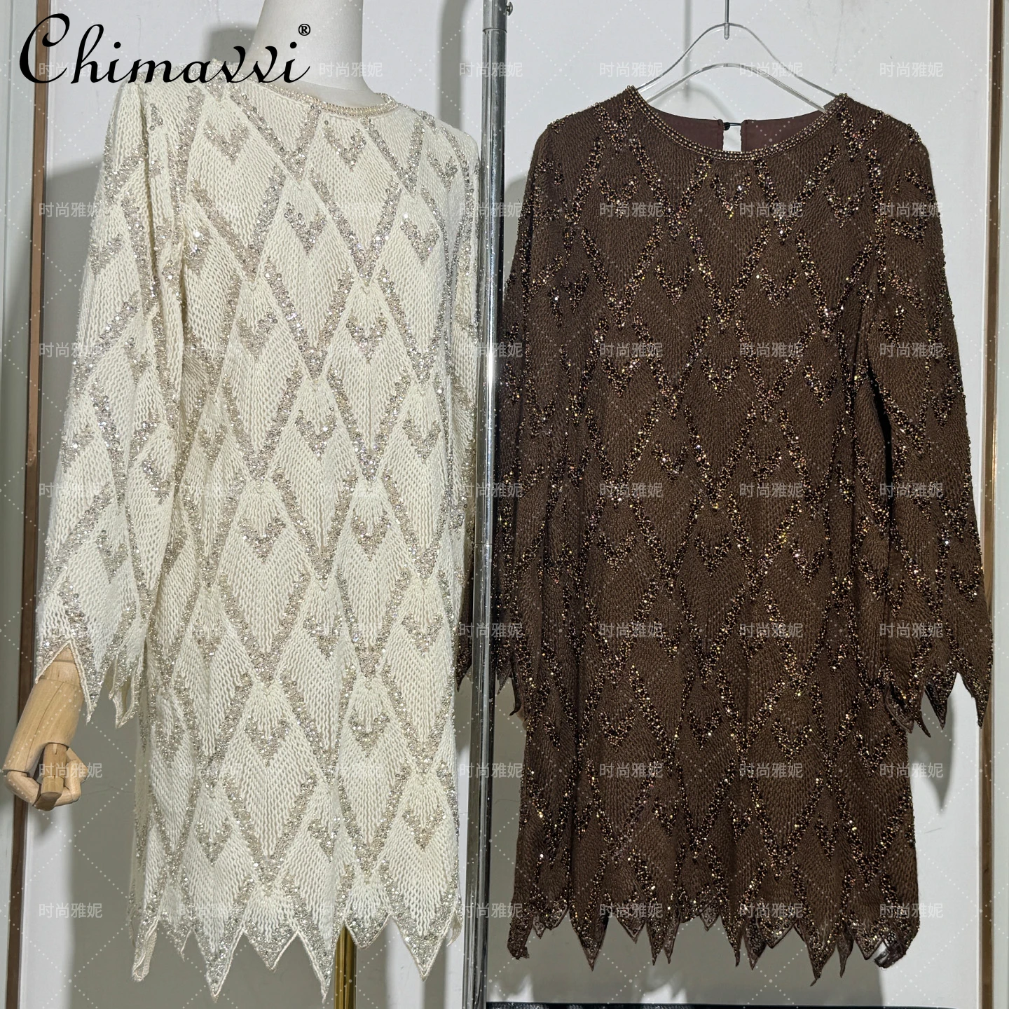 

Fashion Heavy Sequin Beaded Dress for Women 2025 Autumn New Fashion Round Neck Loose Slim Fit Bodycon Mid-Length Party Dress