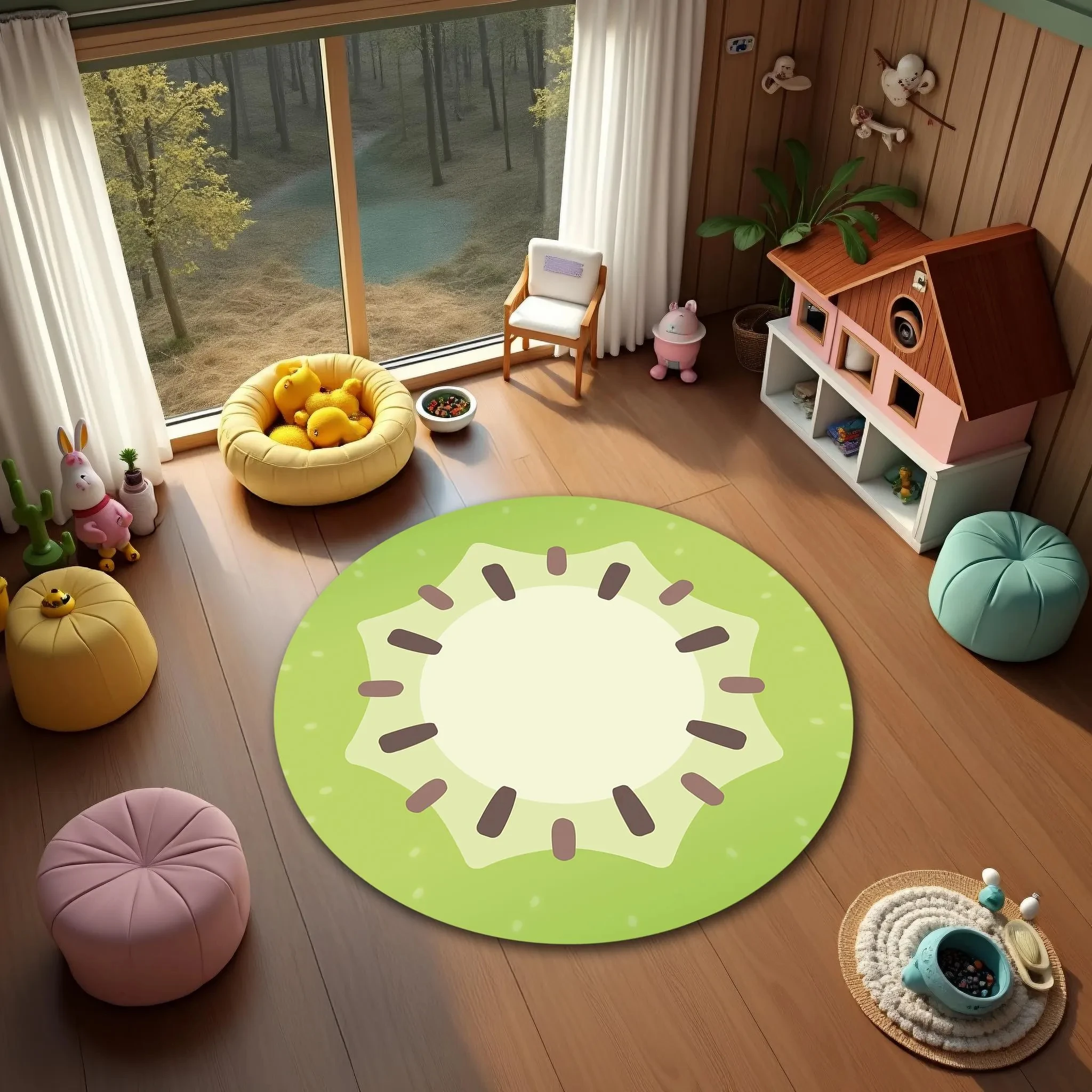 

Cartoon Kiwi Rug Fruit Themed Kids Room Mat Nursery Carpet Cute Green Kiwi Round Rug