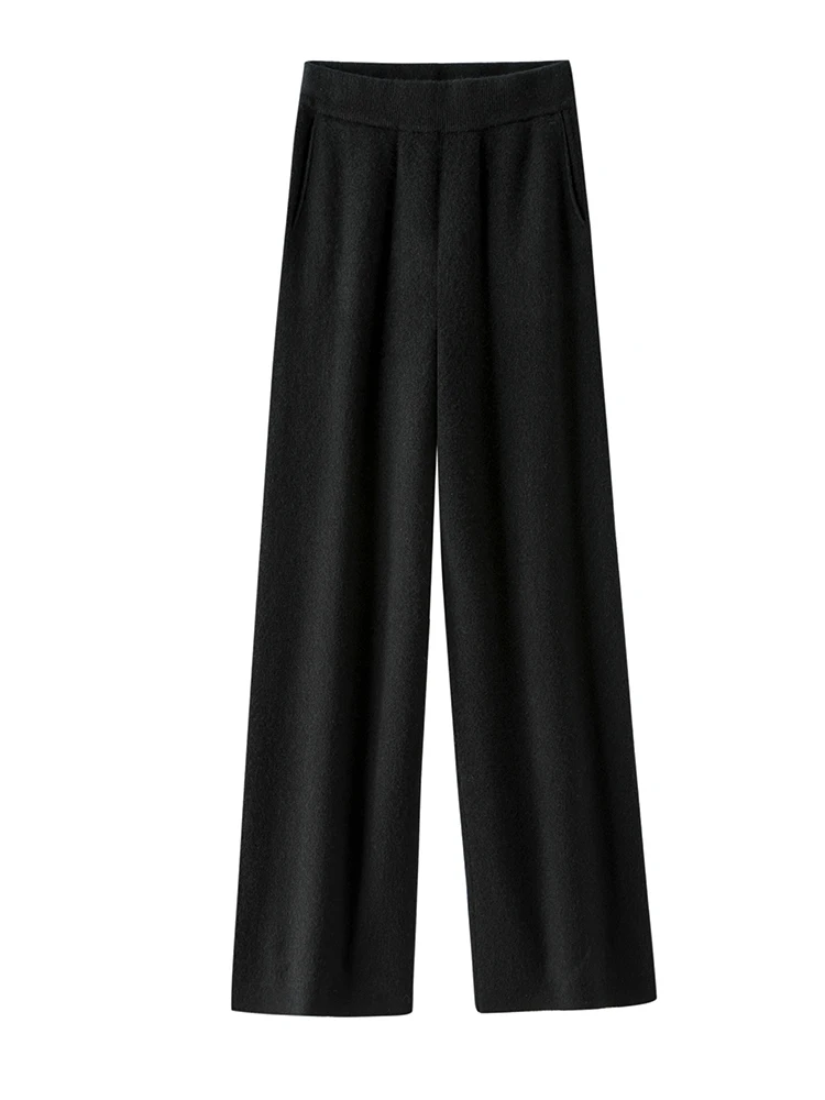 New Women High Waist Wide-Leg Pants For Winter 100% Merino Wool Thick Soft Warm Solid Casual Trousers Knitwear Female Basic Tops