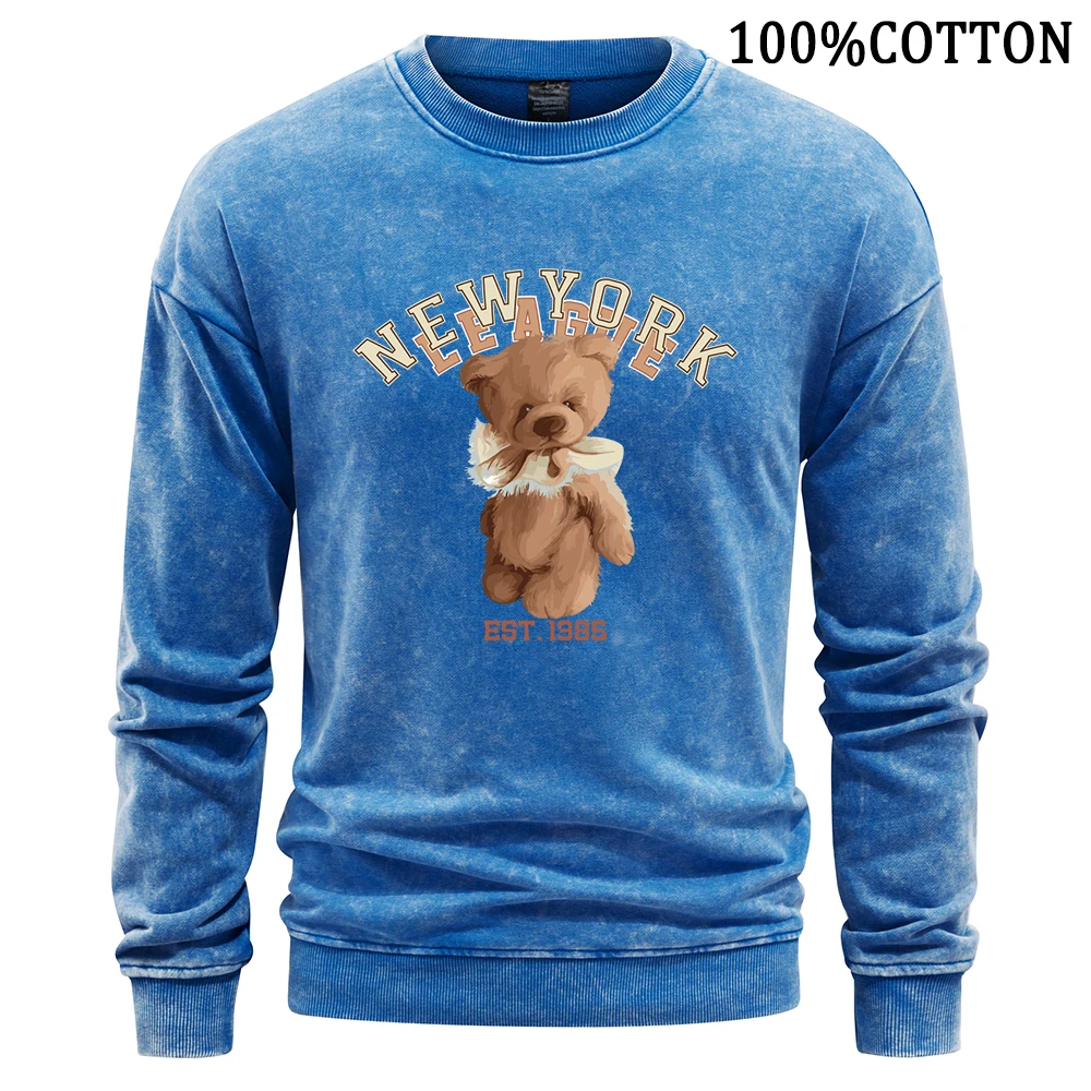 New York League Letter Cartoon Bear Man Sweatshirt Retro Washed Hoodie Oversize Crewneck Cotton Hoody Simple Sweatshirts Tops