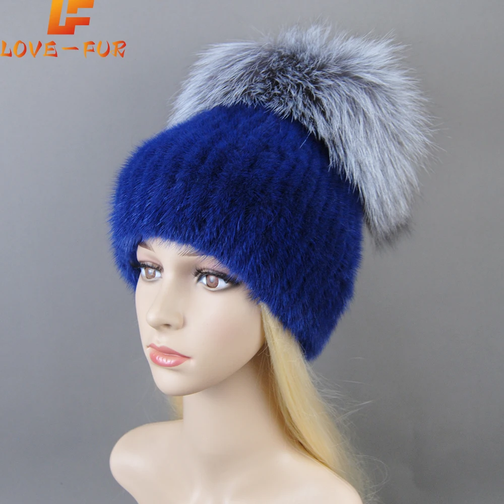 2024 New Luxury Women Winter Mink Fur Hats Knitted Real Mink Silver Fox Fur Caps Female Russian Winter Warm Real Fur Beanies Hat