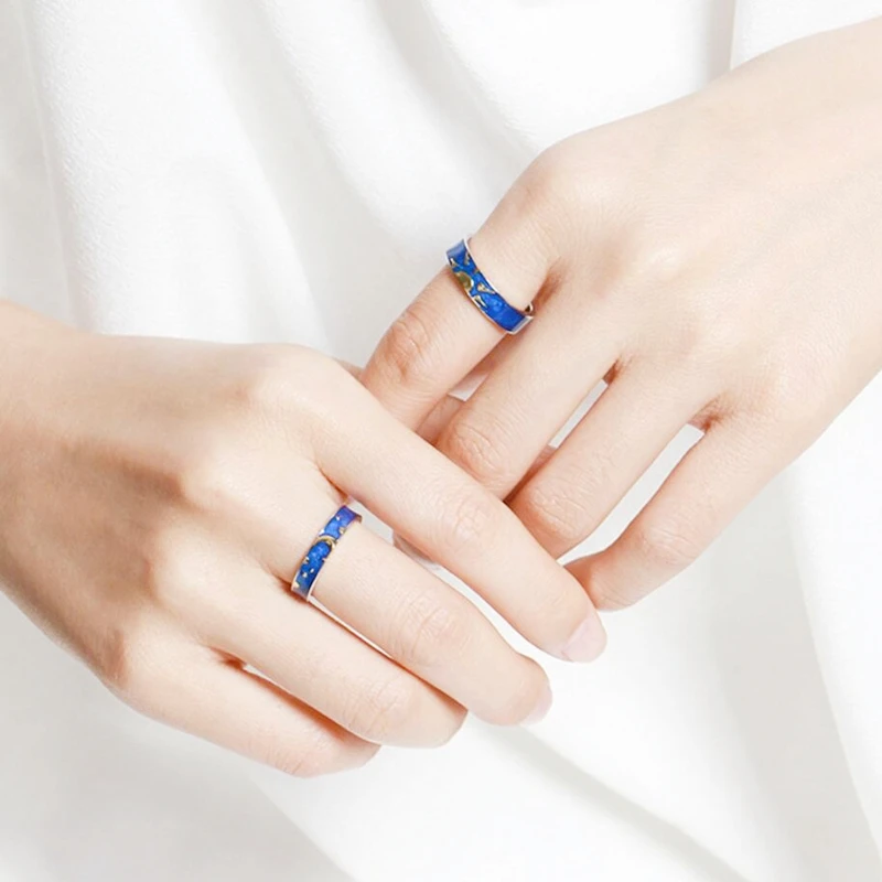 Blue Drop Glaze Sun Moon Star Couple Romantic 925 Sterling Silver Female Resizable Opening Rings RI407