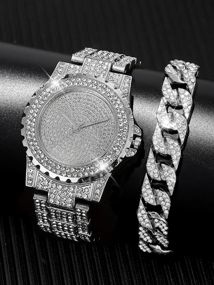 2pcs Stylish Shiny Full Diamond MEN\'S Large Dial Steel Band Quartz Watch with Diamond Inlaid Chain Bracelet Set