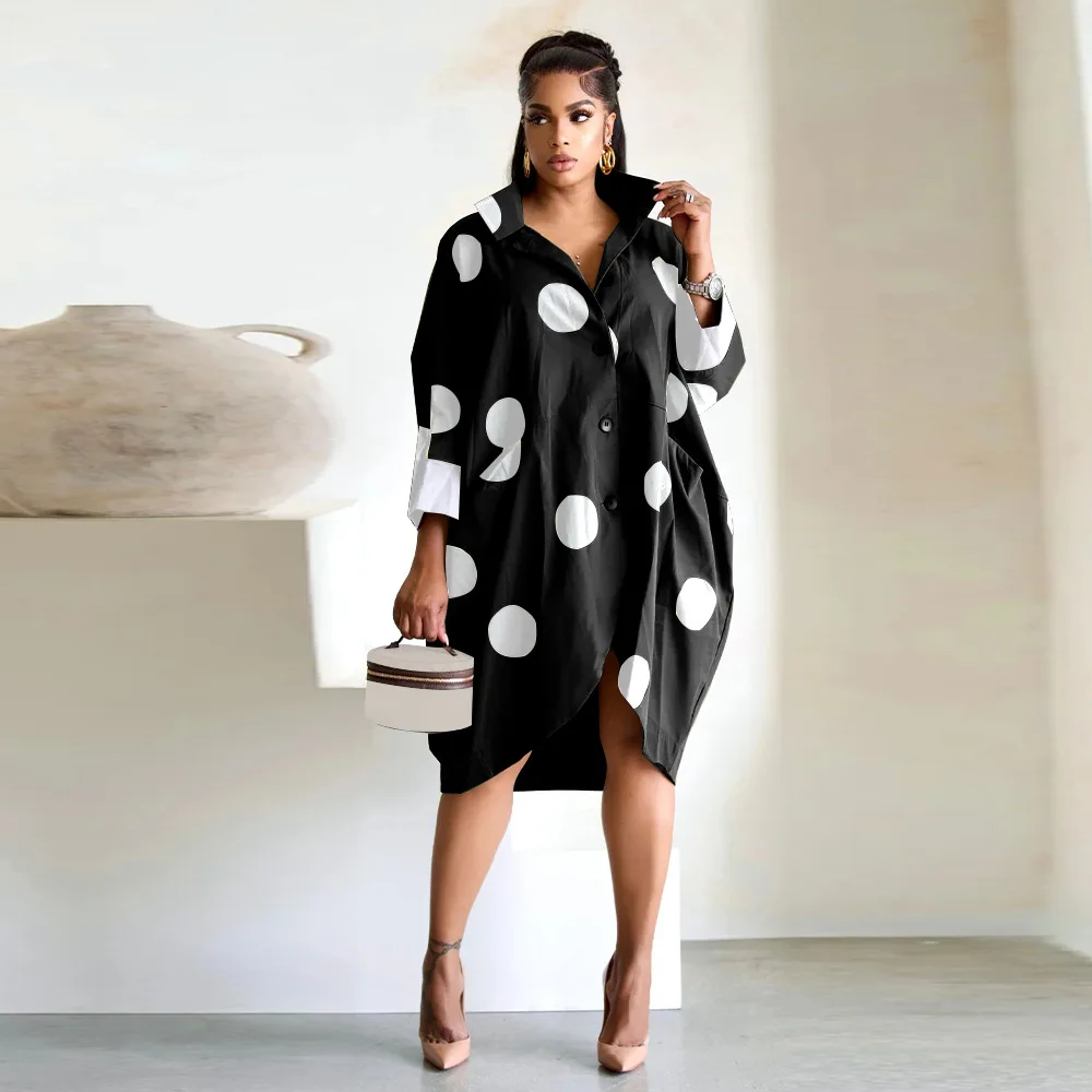 Kobiety z nadrukiem guziki, na co dzień koszula z długim rękawem 2024 odzież damska sukienka o nieregularnym kroju jednorzędowy kardigan