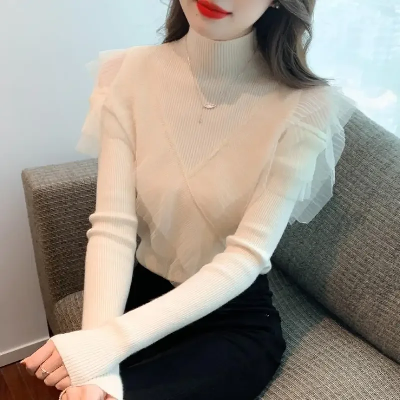 Ladies Pullovers Pink Coquette Slim Fit Splicing Mesh Women's Knit Sweater Turtleneck Clothing Sales Winter 2024 Original Trend