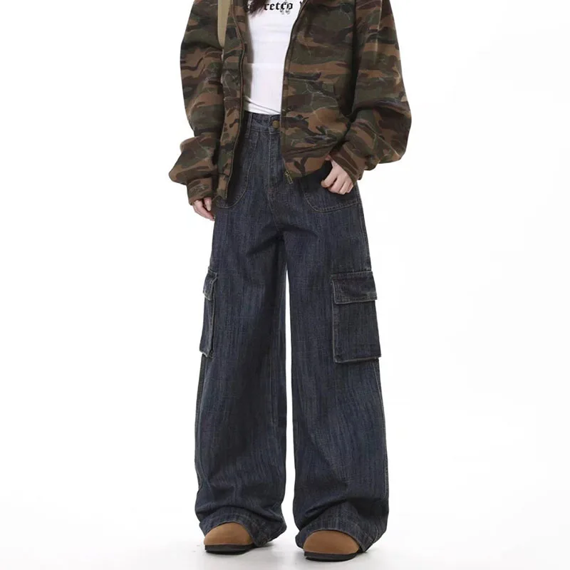 

Корейские ретро мужские свободные широкие джинсы High Street прямые брюки повседневные джинсы рабочие брюки с несколькими карманами