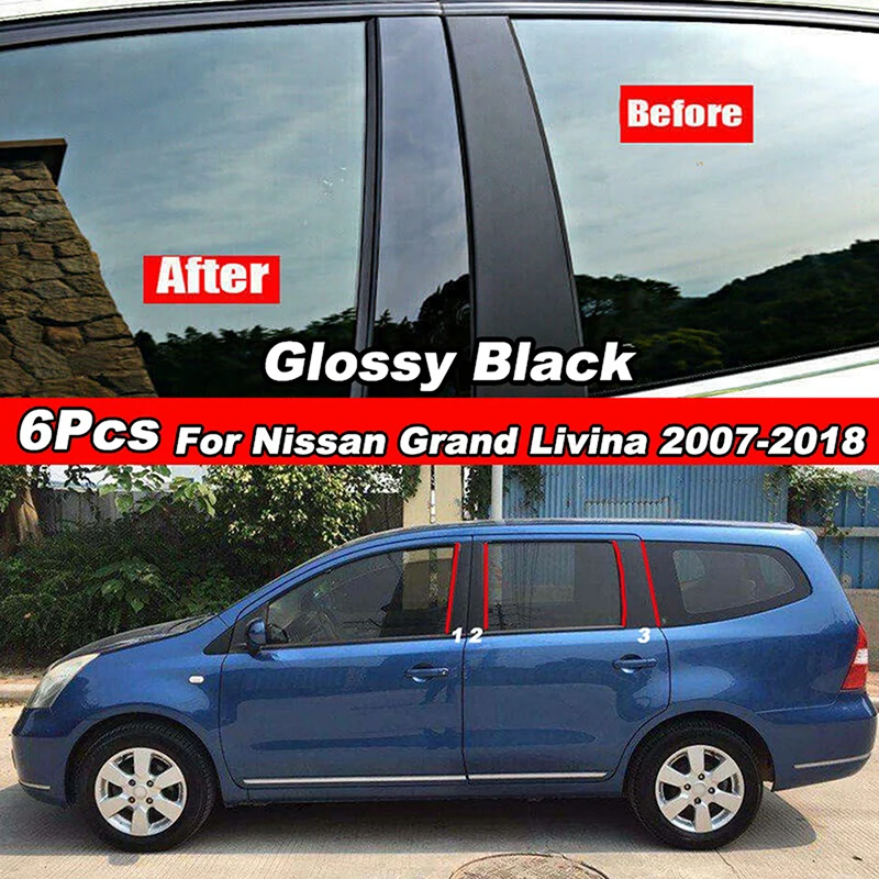 6Pcs Car Pillar Posts Window Pillar Trim Cover Glossy Black Styling for Nissan Grand Livina 2007-2018 Accessories Exterior Parts