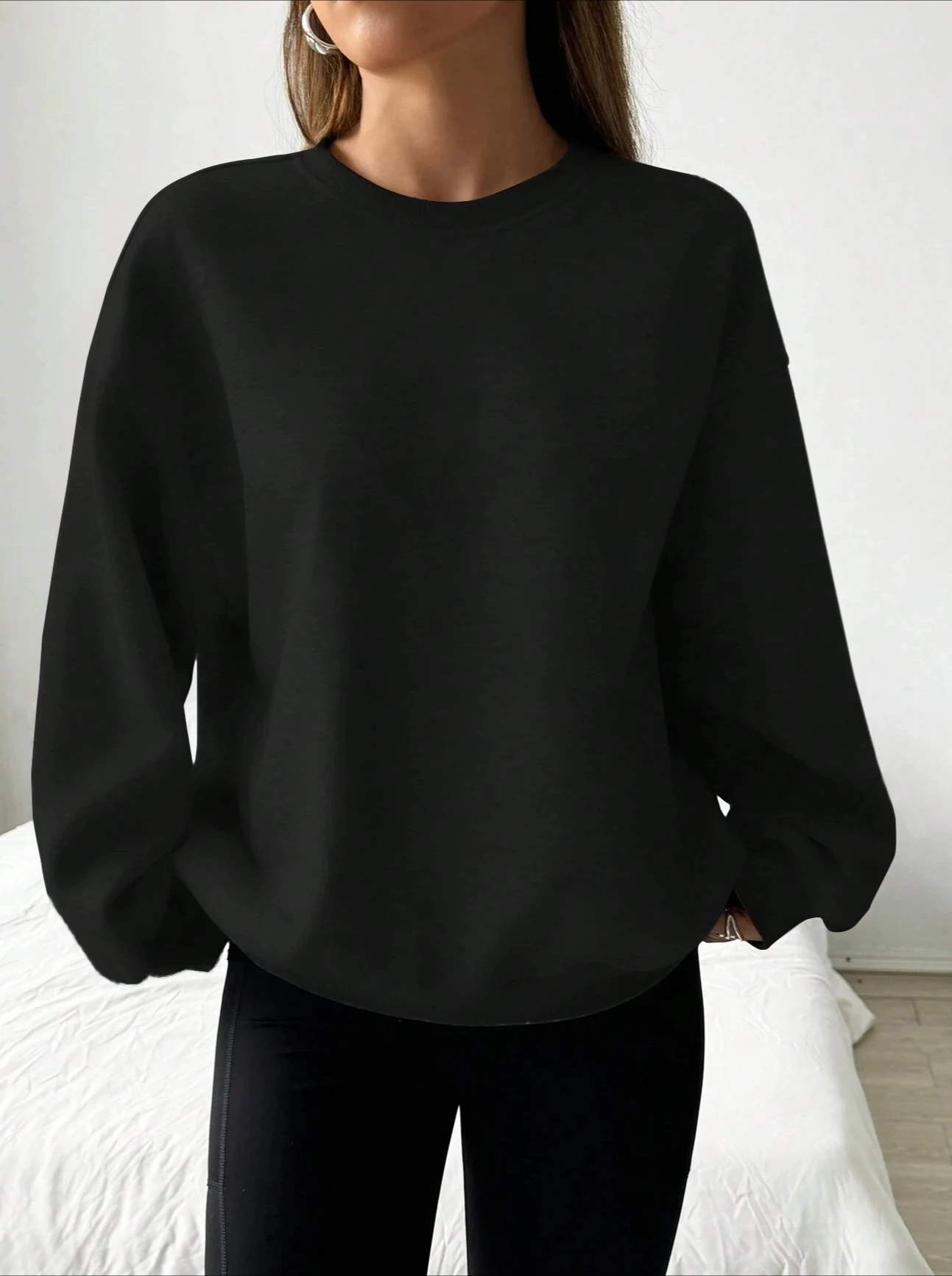 Dames lente/herfst casual eenvoudig effen kleur los sweatshirt met lange mouwen versie O-hals basic top streetwear