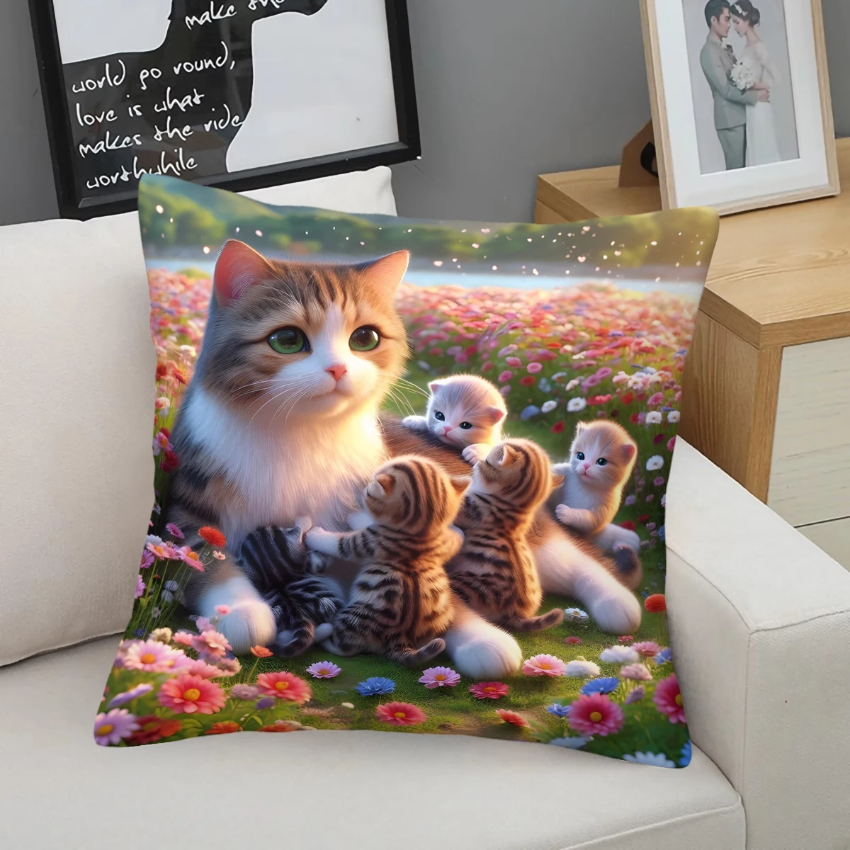 

Pink Cherry Blossom Kitten Pillow: Dreamy Decor with Fluffy Pink Kittens & Blooming Flowers, Adding Soft, Romantic Vibes To Cozy