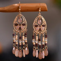 Vintage Ethnic Long Drop Oil Flower Beads Tassel Earrings for Women Boho Gold Color Hollow Acrylic Water Drop Dangle Earrings