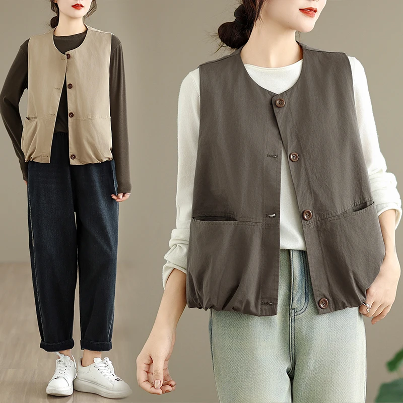 

Цветная подкладка из чистого хлопка, весенне-осенний женский тюре, жилет, свободный открытый кардиган, топ из органического хлопка