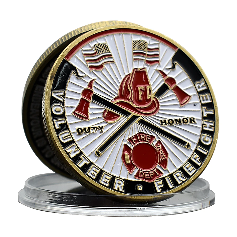 Volunteer Firefighter Challenge Coin Badge of Honor Bronze Embossed Baked Paint Commemorative Medal in Capsule Collection Gift