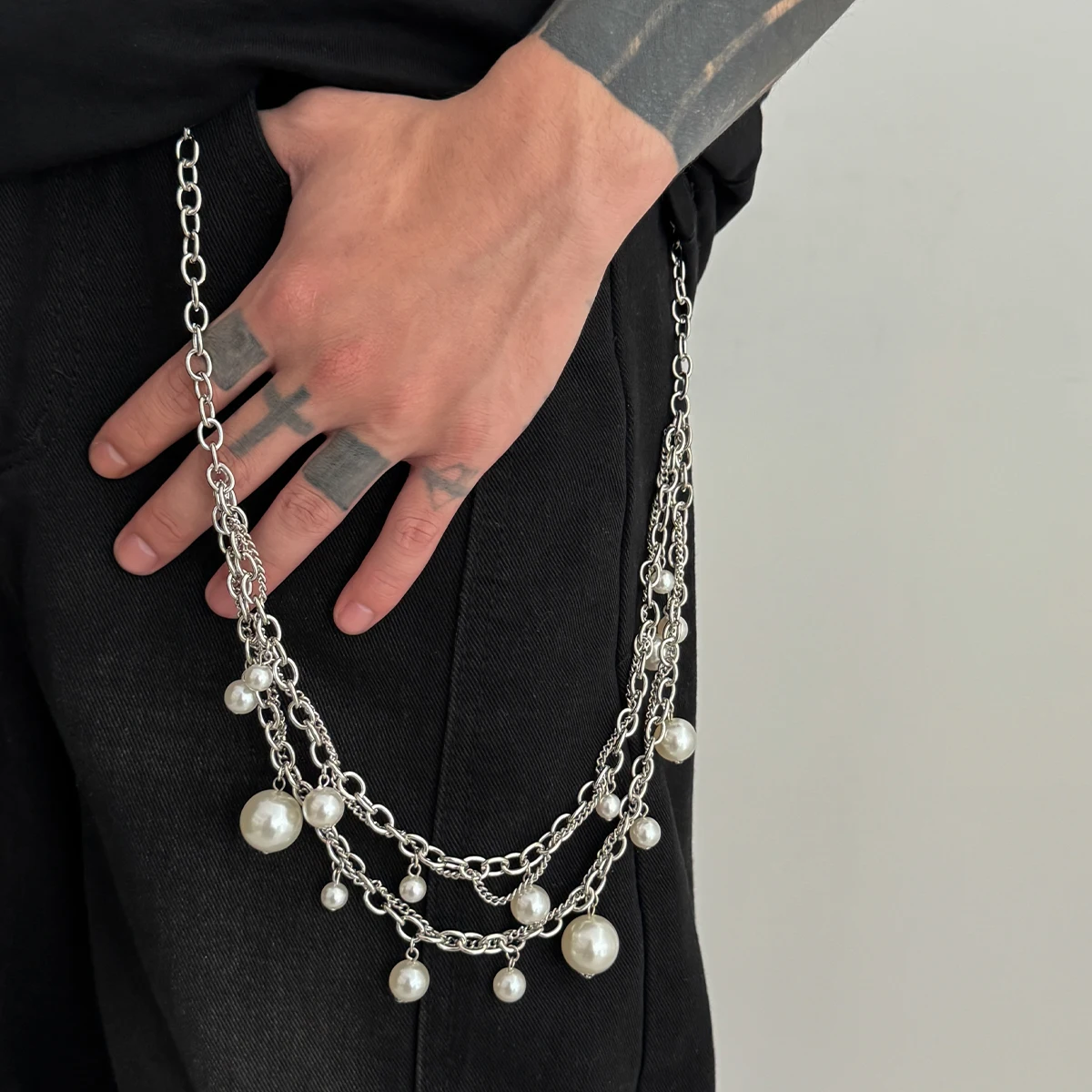 Salircon Punk Metall Imitation Perle Hosen Kette Männer 2025, Trendy Silber Farbe Handgemachte Perle Jeans Taille Kette Schmuck Zubehör