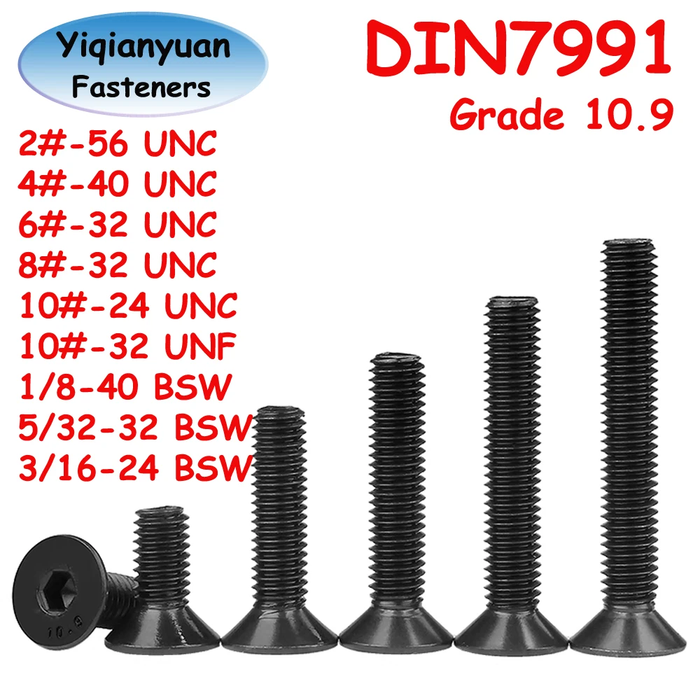 Yiqianyuan 2# to10# UNC UNF 1/8'' 5/32'' 3/16'' BSW DIN7991 Grade 10.9 Alloy Steel Hex Socket Countersunk Head Screws Flat Bolts