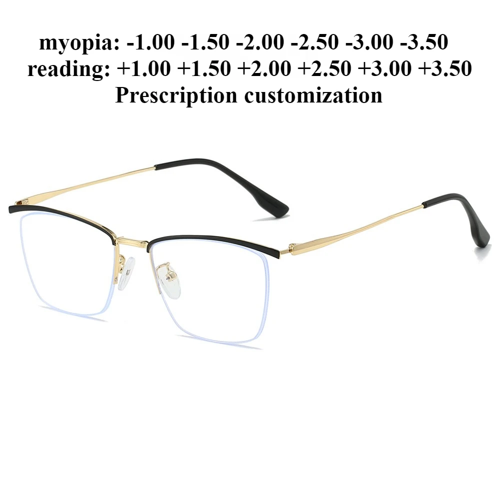 

55mm-147mm retro eyebrow frame men's metal anti-blue light half-frame glasses myopia degree prescription customization -1.00