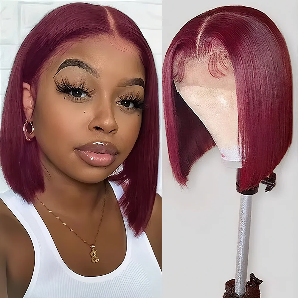 

250% Density 99J Burgundy Short Bob Wig Human Hair 13X4 Lace Frontal Wigs For Women Natural Color Lace Front Bob Wig Pre Plucked