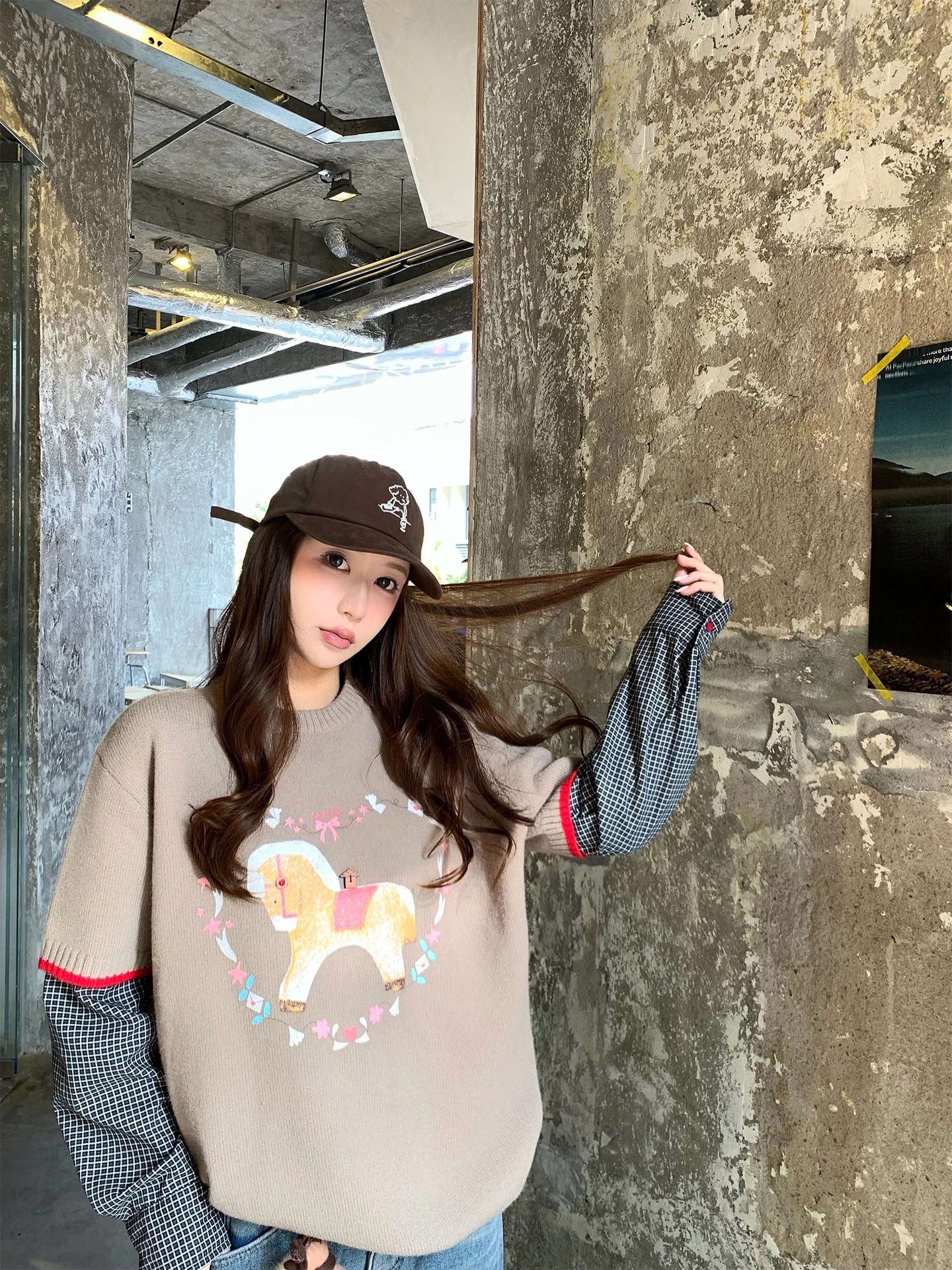 

Вязаный свитер Xuekeke в клетку для женщин, повседневный, с лоскутным дизайном, узором в виде сердец, длинными рукавами, свободного кроя, зимний топ