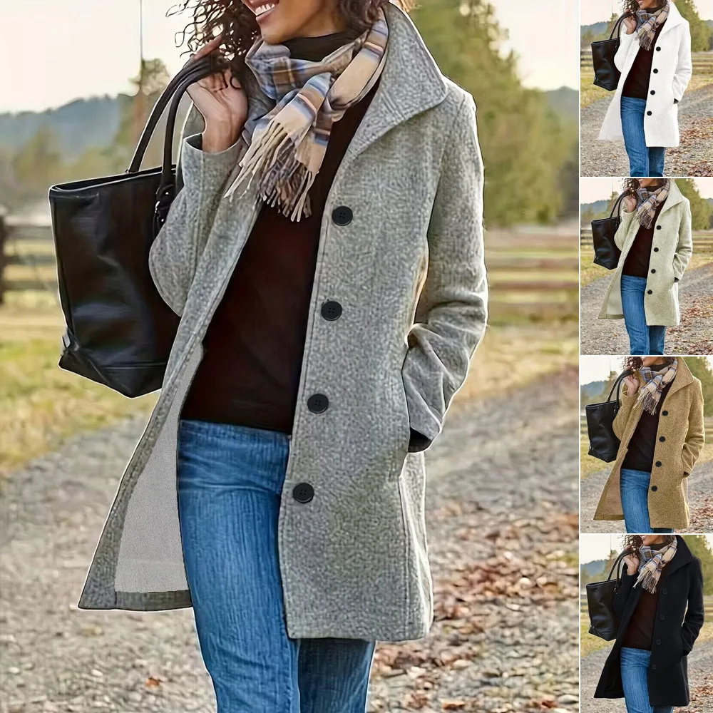 

2025 Autumn Winter New Versatile Solid Color Women Casual Woolen Coat Fashion Flip Tie Pocket Female Long Coats