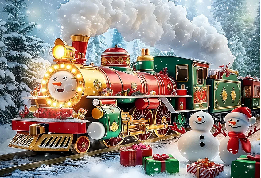 Mehofond 3D قاطرة قطار أخضر خلفية التصوير الفوتوغرافي ، خلفية شجرة عيد الميلاد ثلج ، غيوم الغابات الشتوية الزينة ، الهدايا