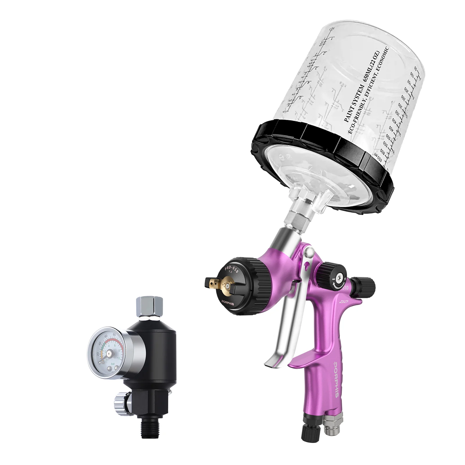 PORPHIS PRD-510 LVLP Spray Gun with Air Filter Regulator Moisture Separator Low Air Consumption Paint Gun Small Compressor