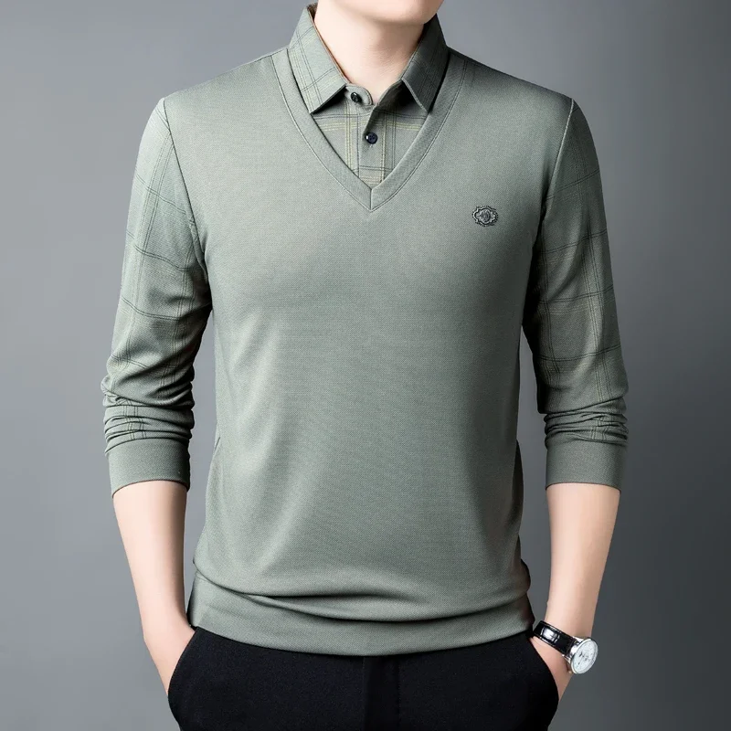 New Fake Two Pieces T-Shirts Man Plaid Turn Down Collar Solid Color T Shirt for Men Fashion Popular Midlife Clothing