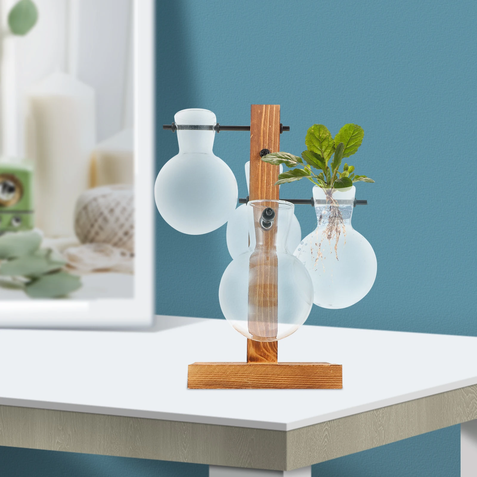 

Hydroponic Glass Vase Desktop Decorative Household Flower Container Unique Tabletop Planter Wood Bracket For Roses