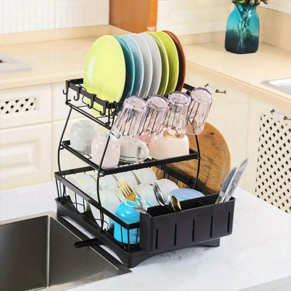 Aoshet 3-Tier Black Stainless Steel Dish Drying Rack: Detachable, Large-Capacity with Cutlery Holder