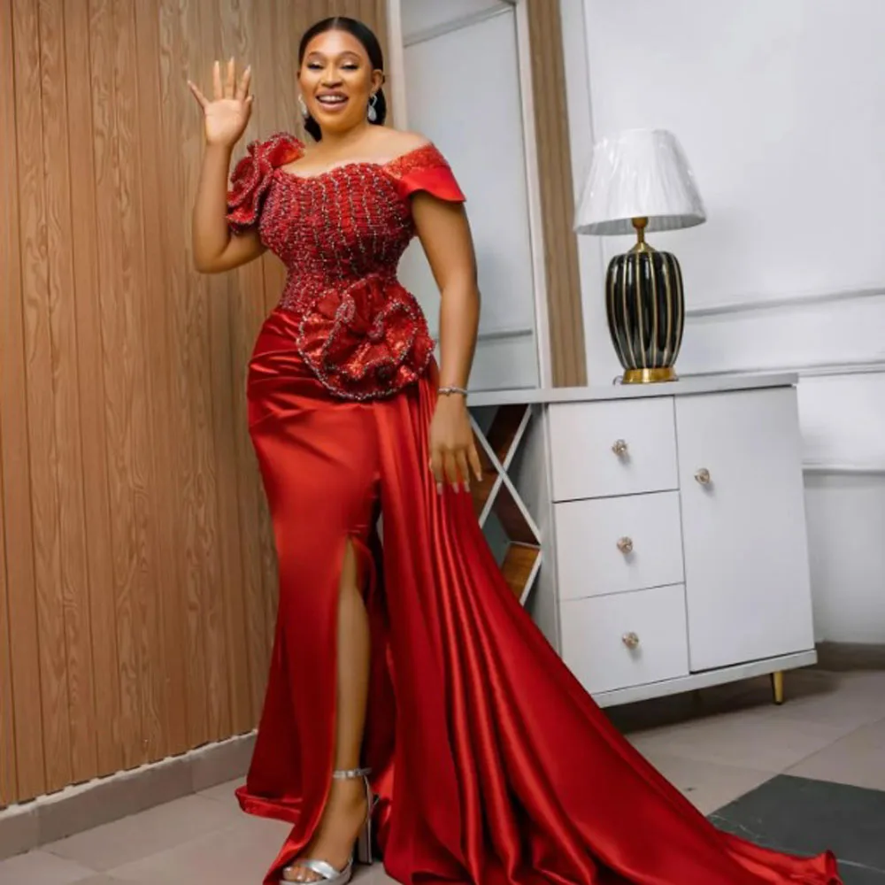 

Потрясающее красное платье русалки для выпускного вечера с 3D цветами и высоким разрезом по бокам, вечернее платье со шлейфом для женщин, знаменитости, день рождения, африканский стиль