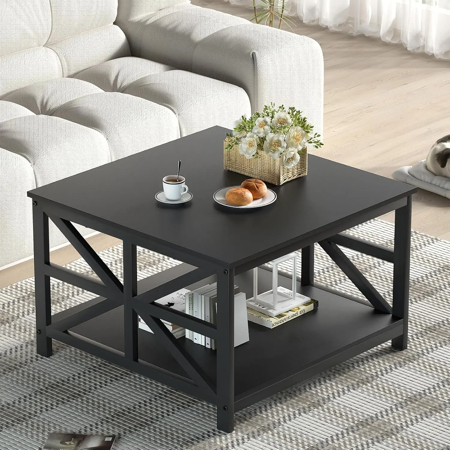 

Modern Square Coffee Table with 2-Tier Storage, Black Wood & Metal Farmhouse Design, 27.55 Inch