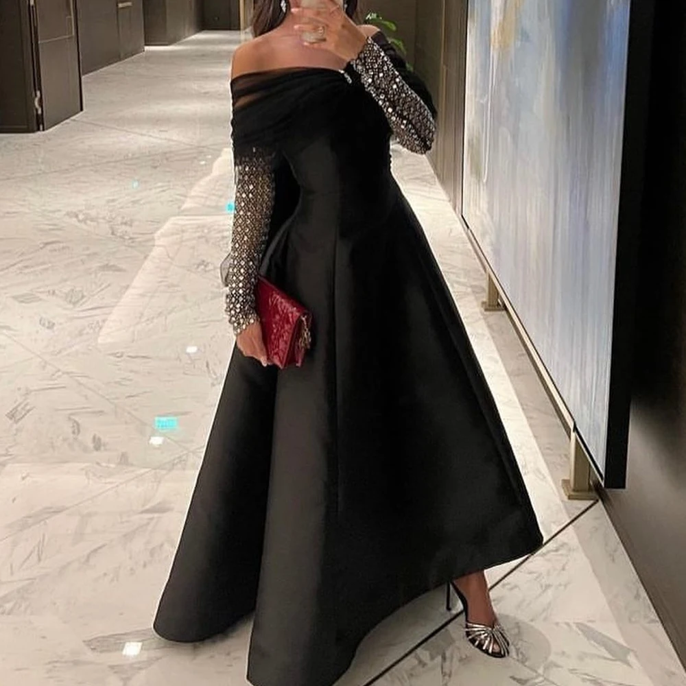 Customized Modern Satin A-Line Off the Shoulder Crystal Evening Dress Strapless Long Sleeves Panel Train Bespoke Occasion Gowns