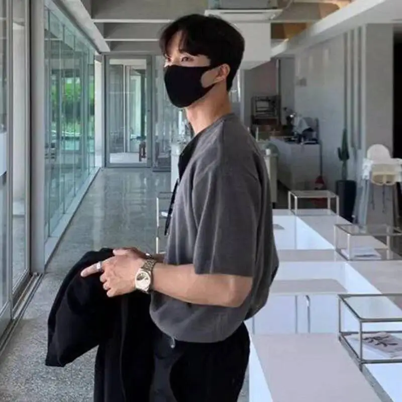 Korean Style Men's T-shirts Round Collar Short Sleeved Single Breasted Solid Color Casual Male Knitting Loose Tees 9WKBJF