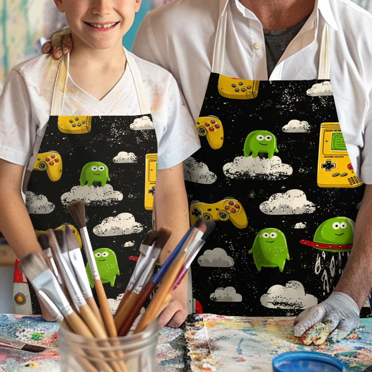 Playful Game Console & Cartoon Monster Pattern Polyester Apron - Fun Cooking & Art Craft Apron for Home Kitchen and Art Studio
