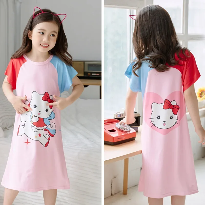 Sanrio-vestido de Hello Kitty para niñas, camisón de dibujos animados de Anime, pijamas de verano, ropa de dormir de manga corta, ropa de casa para