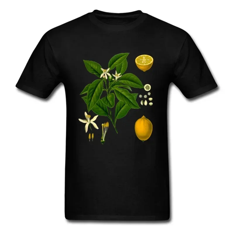 Botanical Illustration T Shirt Man Tshirts Custom Tea Shirt Lemon Plant Tops Brand New Print Clothes Cotton Fabric Black