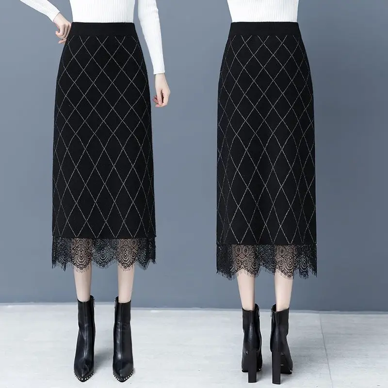 Knitted Plaid Skirt Women Autumn Winter New Mid-length High Waist A-line Skirt Lace Temperament Hip-cover Skirt