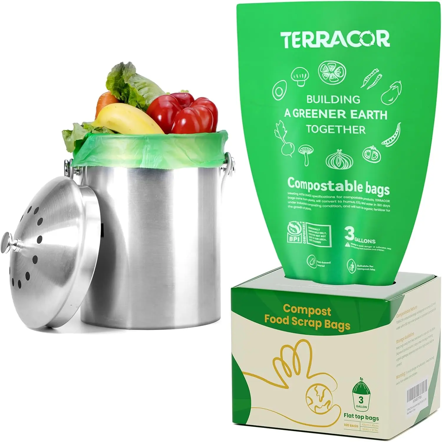 

3 Gallon Compostable Food Scrap Bags, 100 Count for Kitchen Bin, BPI Certified and ASTM D6400 Standard