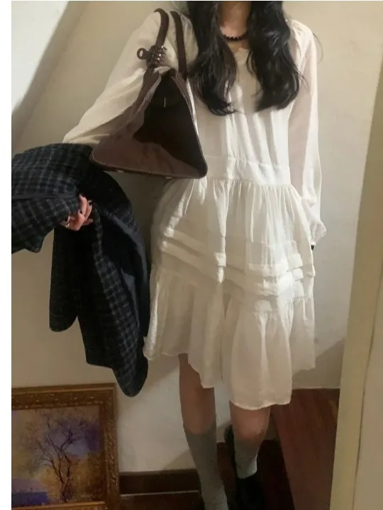 Chic White A-Line Dress Women's New Simple Splicing Design Anti-Aging Long Sleeve Dress French Style City Commuting Dress