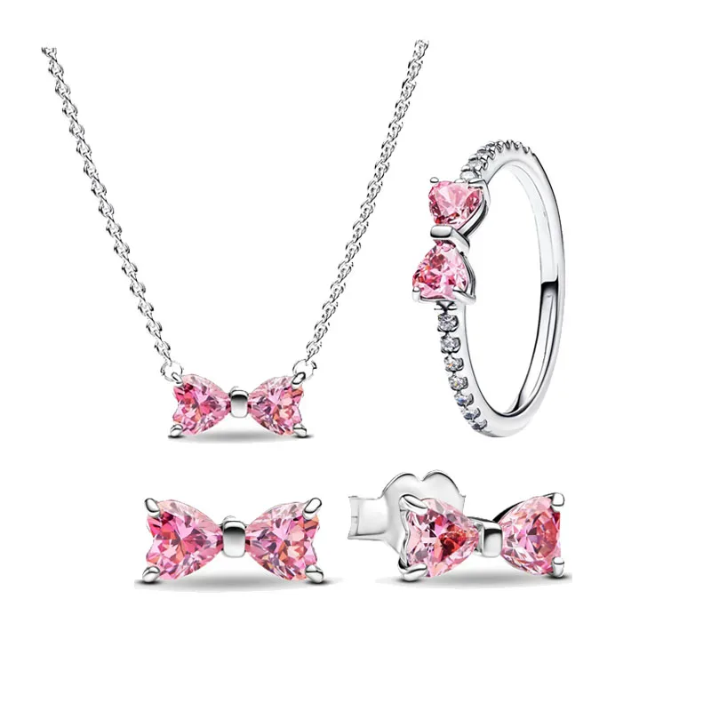 Hot selling new 925 sterling silver sparkling pink bow zircon ring block necklace earrings original jewelry set Christmas gift