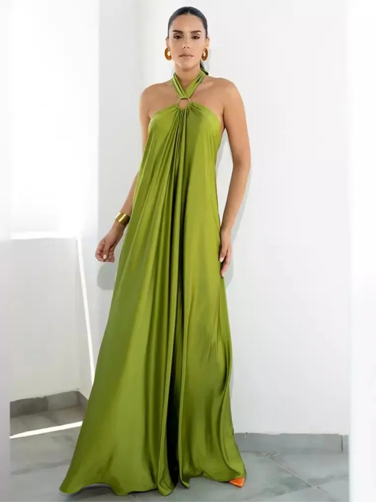 فستان نسائي صيفي مثير بدون أكمام ورقبة معلقة من الساتان المجوف مع أزياء من الدانتل حتى سوينغ كبير طويل بدون ظهر
